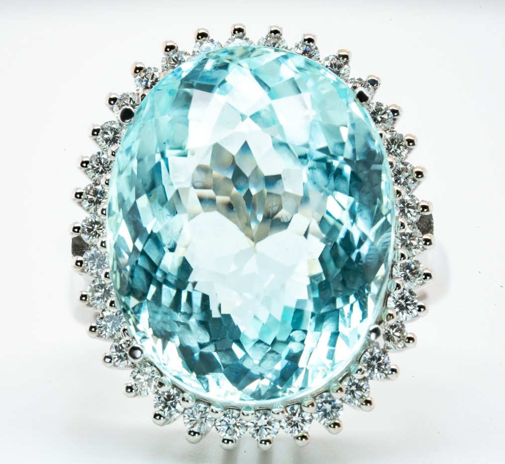 18 carats Or blanc - Bague - 23.55 ct - Tourmaline "Paraiba" bleu verdâtre et diamants VS #1.1
