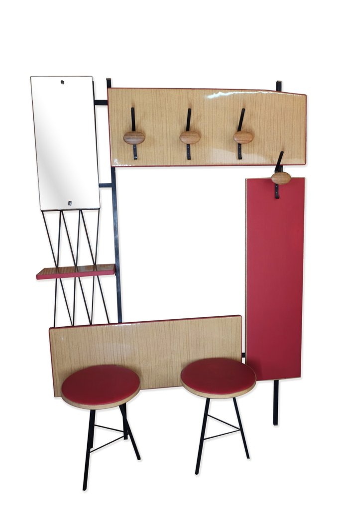 Coat rack - Italian wall coat hanger with two seating stools from the 1960s #1.1