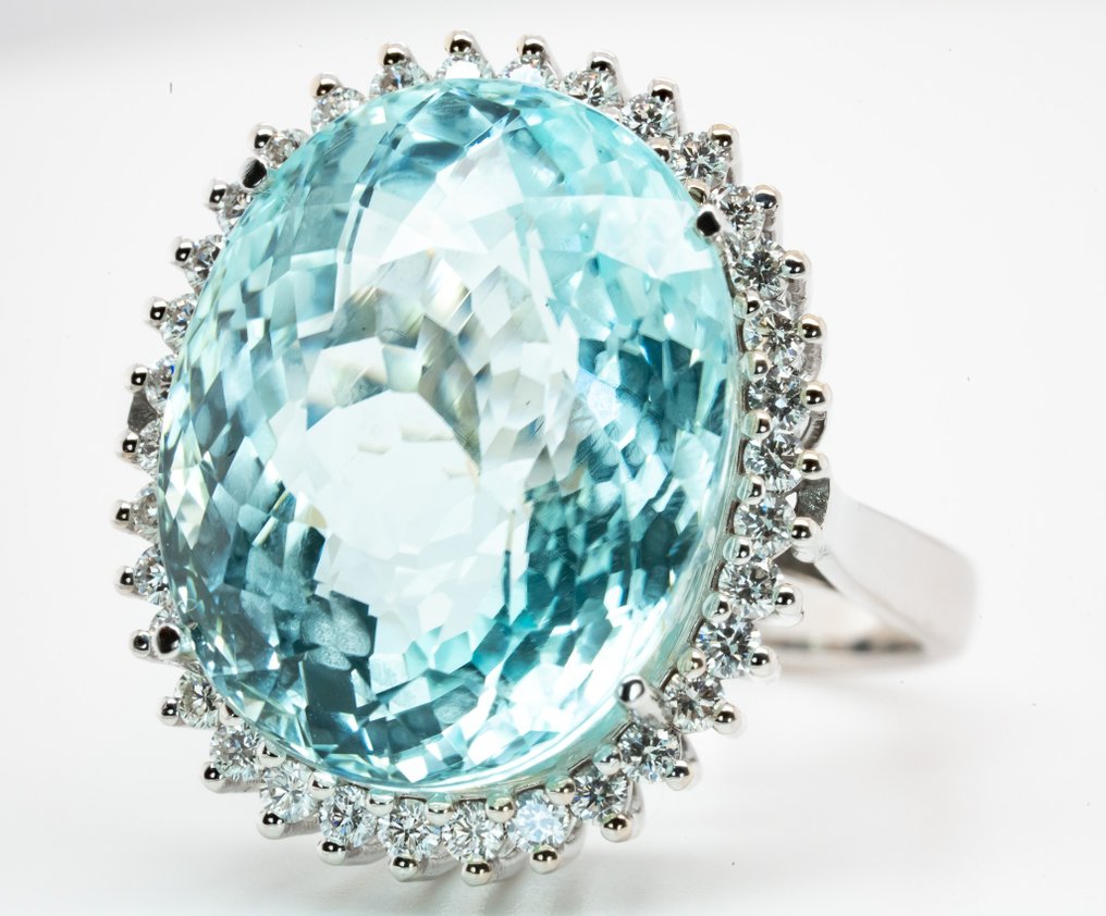18 carats Or blanc - Bague - 23.55 ct - Tourmaline "Paraiba" bleu verdâtre et diamants VS #2.2