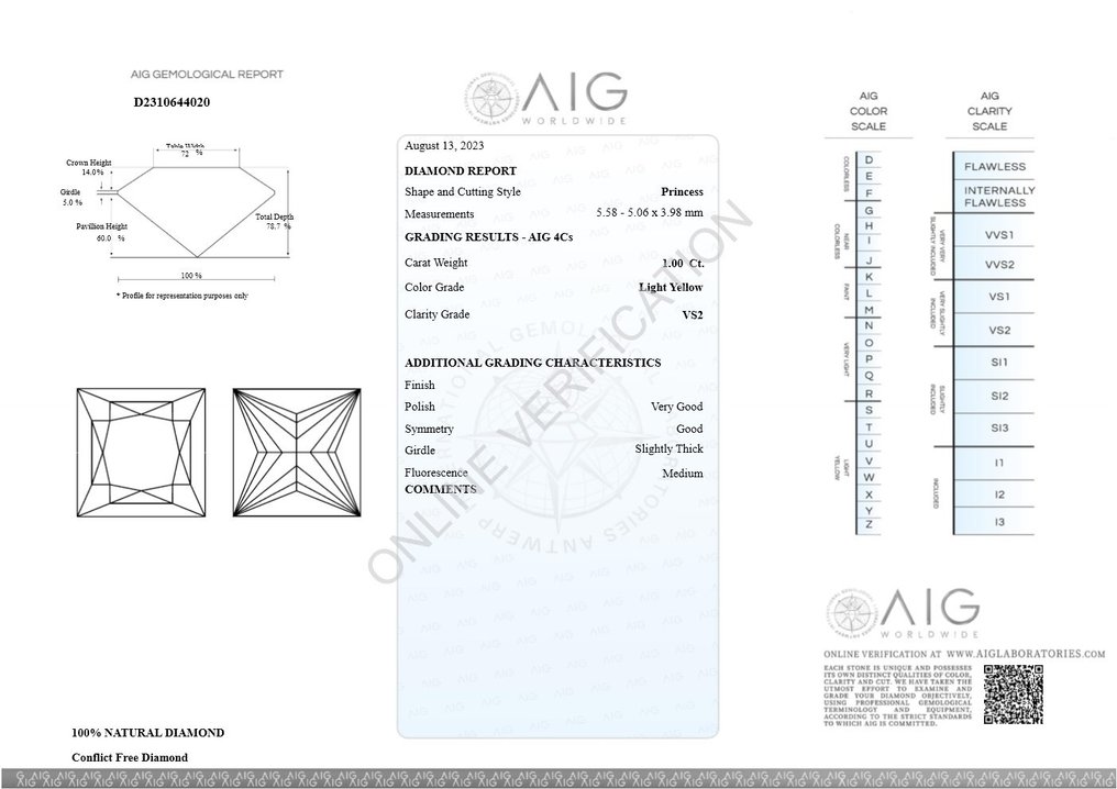 1 pcs Diamant  (Naturfarvet)  - 1.00 ct - Kvadrat - Light Gul - VS2 - Antwerp International Gemological Laboratories (AIG Israel) #2.1