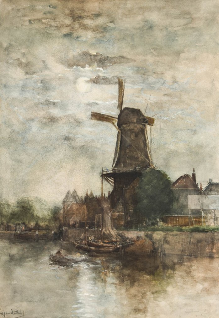 Fredericus Jacobus van Rossum Du Chattel (1856-1917) - Dutch wind mill by the moonlight #1.1