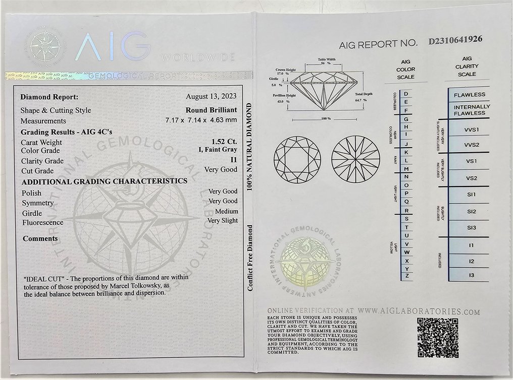 1 pcs Diamant  (Natural)  - 1.52 ct - Rund - I - I1 - Antwerp International Gemological Laboratories (AIG Israel) #2.1