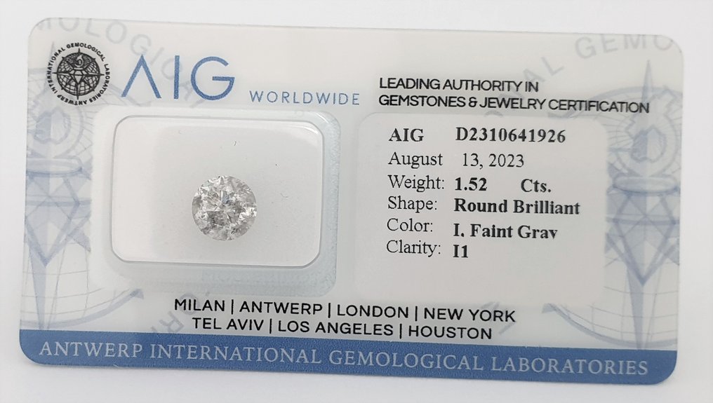 1 pcs Gyémánt  (Természetes)  - 1.52 ct - Kerek - I - I1 - Antwerpeni Nemzetközi Gemmológiai Laboratóriumok (AIG Israel) #2.2
