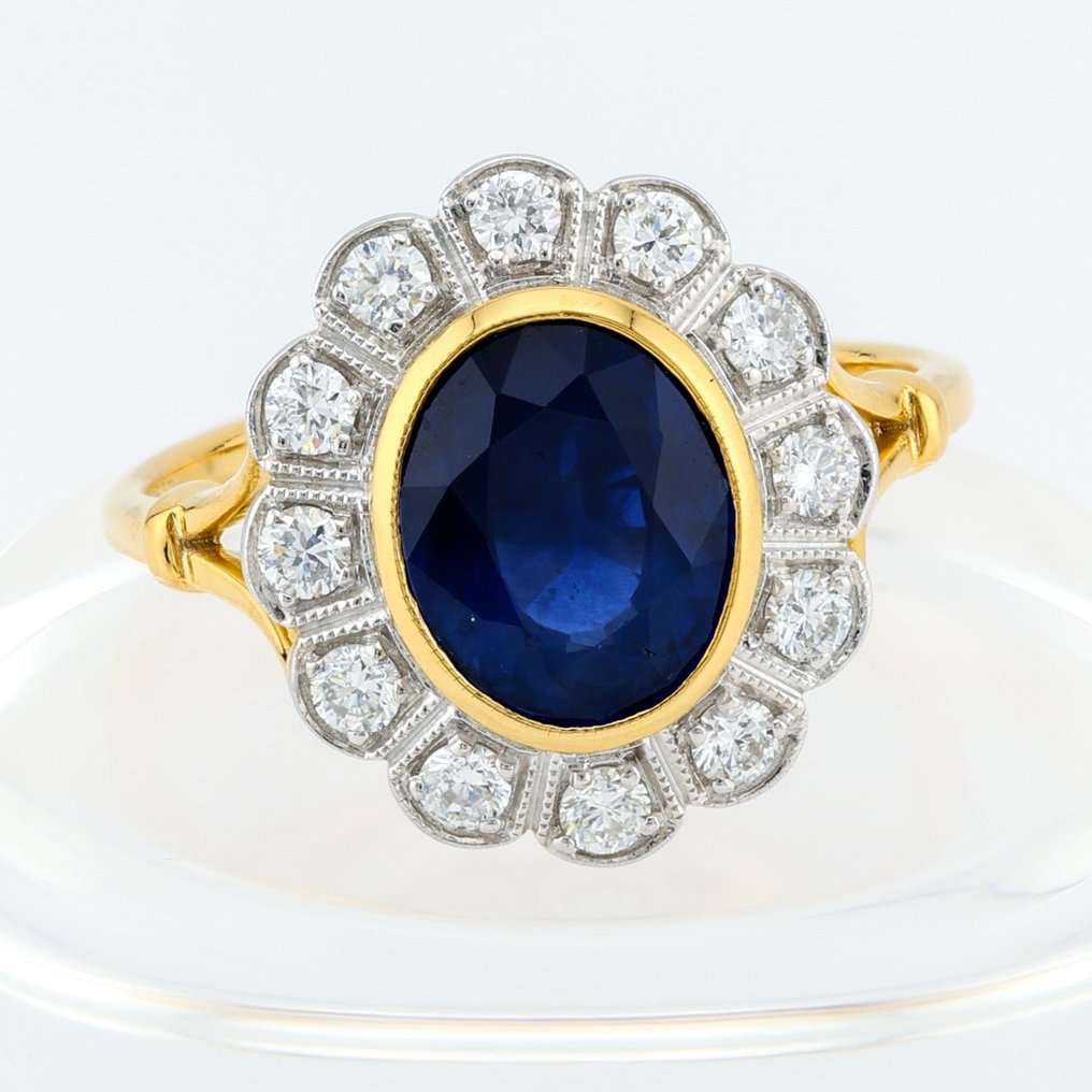 "IGI & GIA"-Deep Blue Sapphire 2.16 & Diamond Bezel Set - Gyűrű - 18 kt. Fehér arany, Sárga arany #1.1