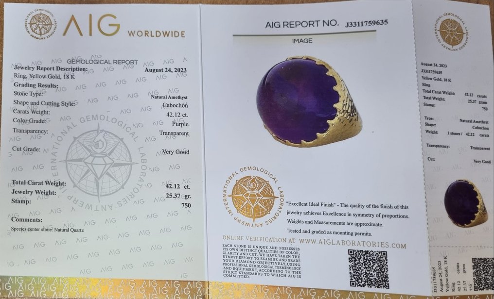 18 kt. Yellow gold - Ring - 42.12 ct Amethyst #2.2