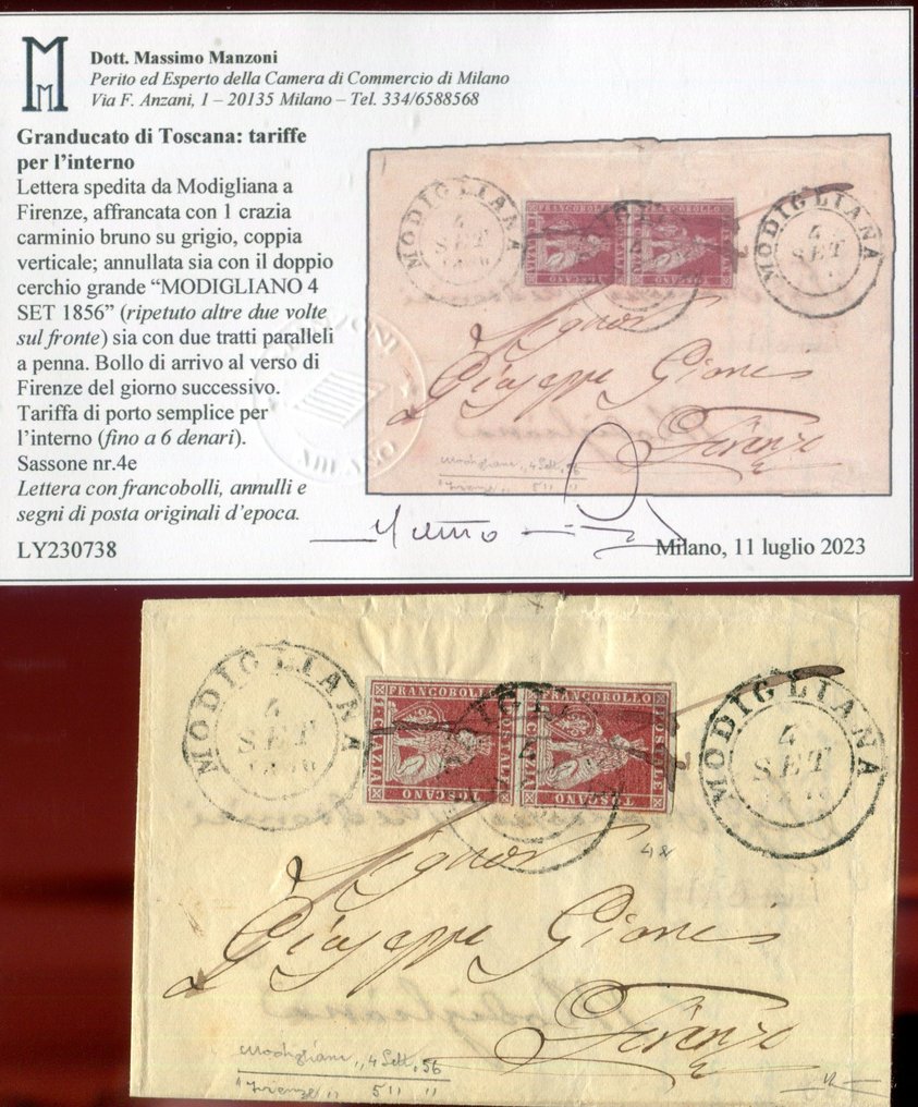 Italian antiikkivaltiot - Toscana 1851 - 1 op pariskunta kirjeellä Modiglianalta Firenzeen - Sassone 4e #2.1