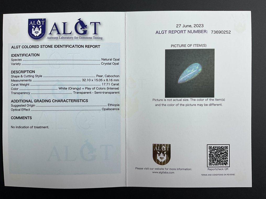 Opál  - 17.71 ct - Antwerpeni Drágakővizsgálati Laboratórium (ALGT) #3.1