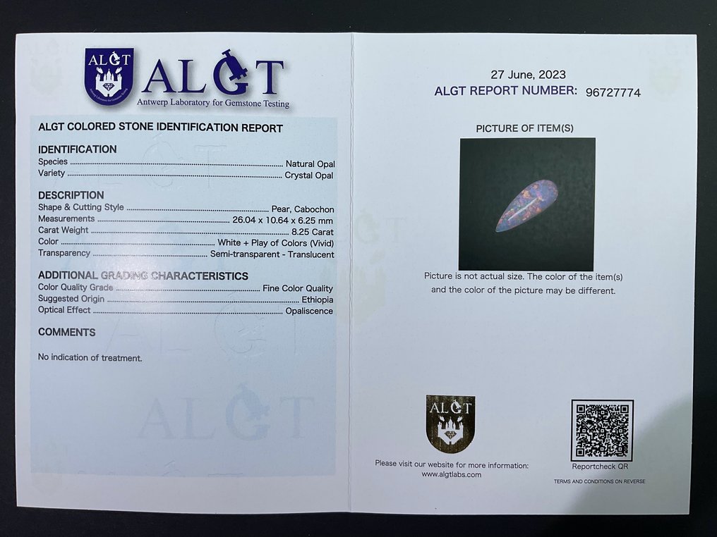 Οπάλιο  - 8.25 ct - Antwerp Laboratory for Gemstone Testing (ALGT) #3.1