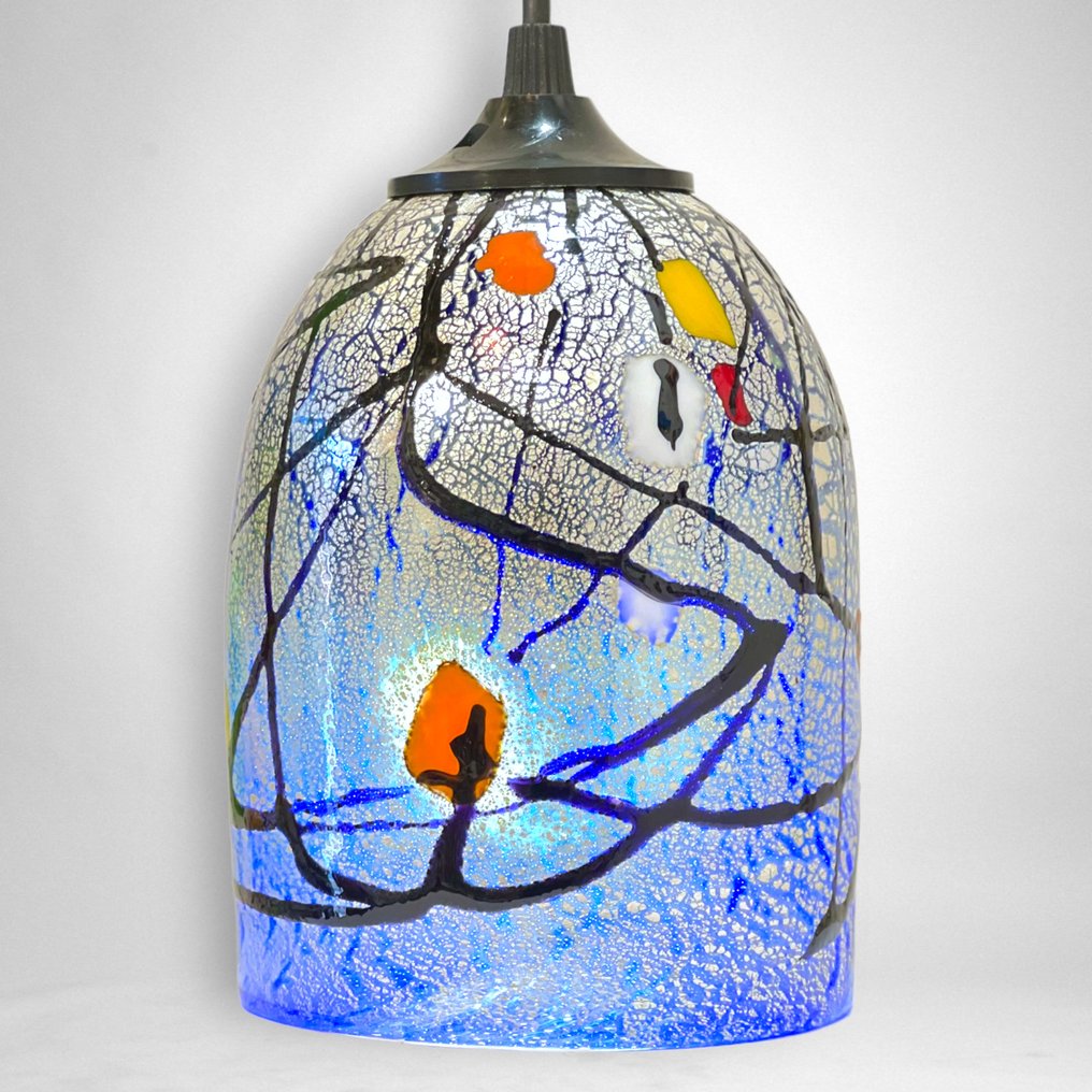 Filippo Maso - Lampada a sospensione - Lampada blu con foglia argento e macchie colorate - Vetro di Murano #1.0