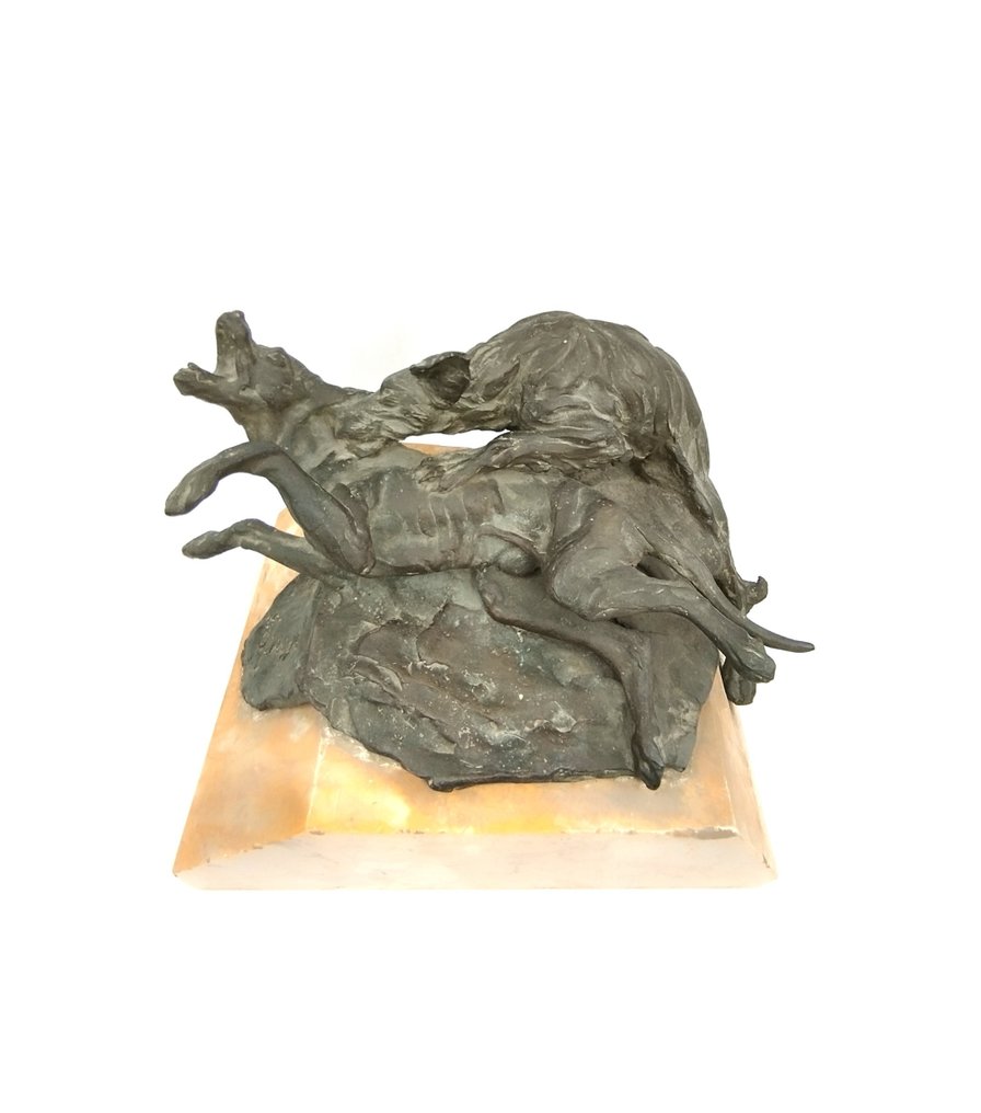 Ettore Brogi (1885-1932) - Sculptură, Lotta di Cani - 25 cm - Bronz, Baza din marmura Siena - 1920 #1.1
