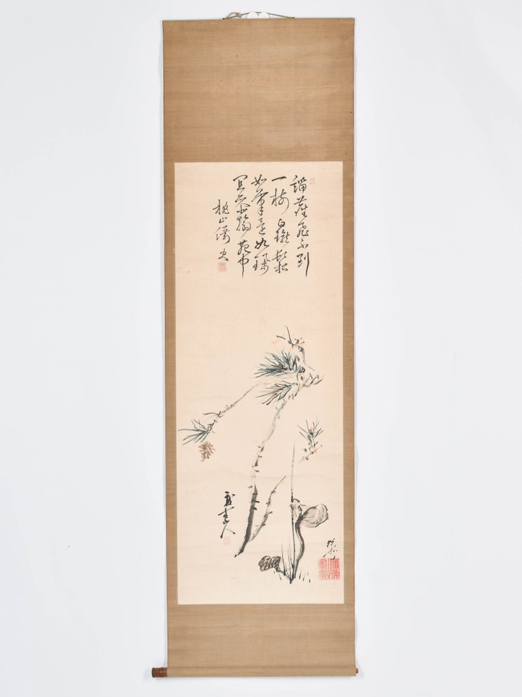 kakejiku - Madera, Papel - Signed Makurayama 枕山, Kyōsai 暁斎 and seal 'Shuchū no gaki' 酒仲之画鬼 (The Drunkard Demon of Painting) - Pine and haiku - Gassaku 合作 (collaborative work of art) - Japón - Periodo Edo (1600-1868) #2.1