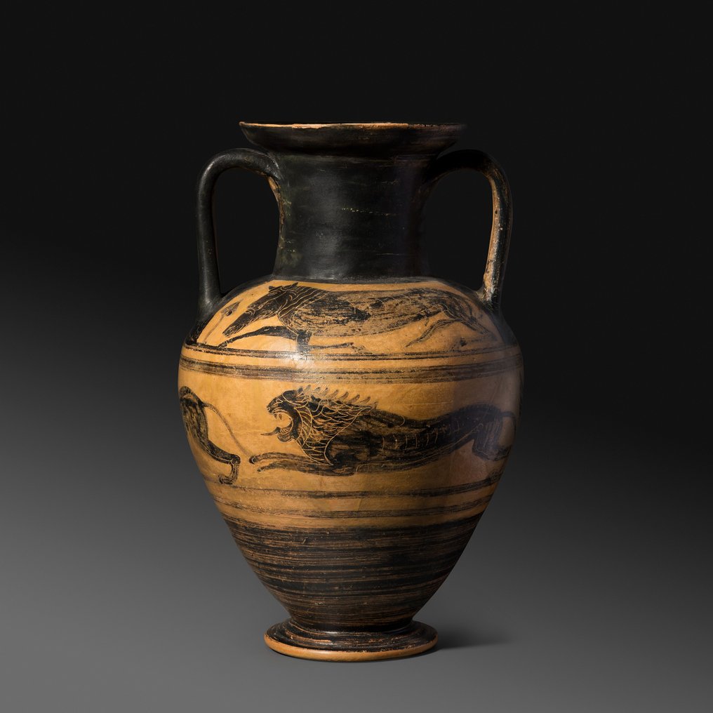 Etruscan Kerémia Temetési nyak Amphora Chimerával és Achlae-val, a Micali festőtől. Kr.e. 5. század. 35 cm Magasság. #1.2