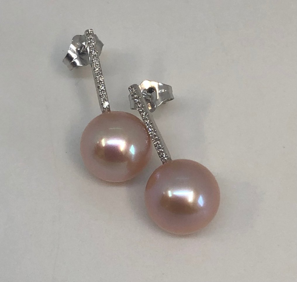 FreshWater Pearls - 18K包金 白金 - 耳饰 - Diamonds #1.1