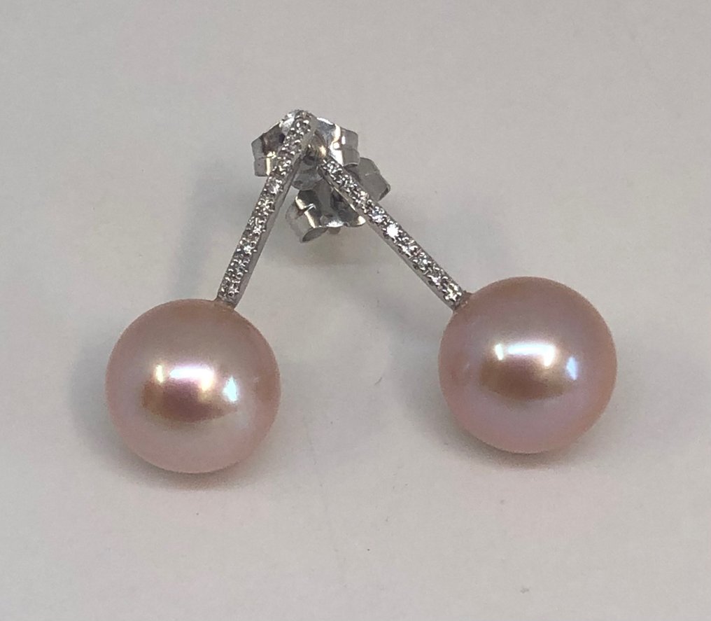 FreshWater Pearls - 18K包金 白金 - 耳饰 - Diamonds #1.2