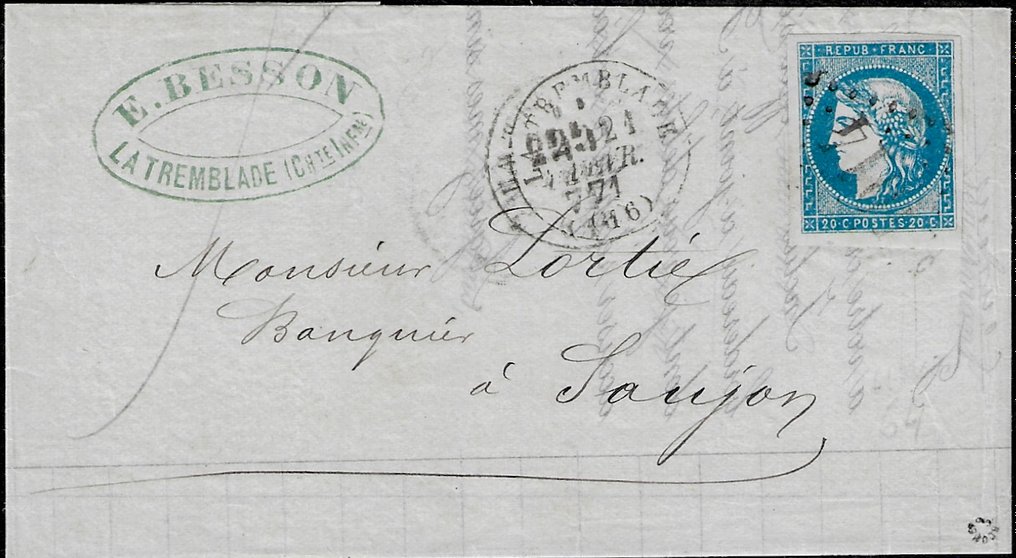 Ranska 1870 - Loistava Bordeaux 20 senttiä tyyppi 1 kirjaimella - Yvert et Tellier n°44 #1.1