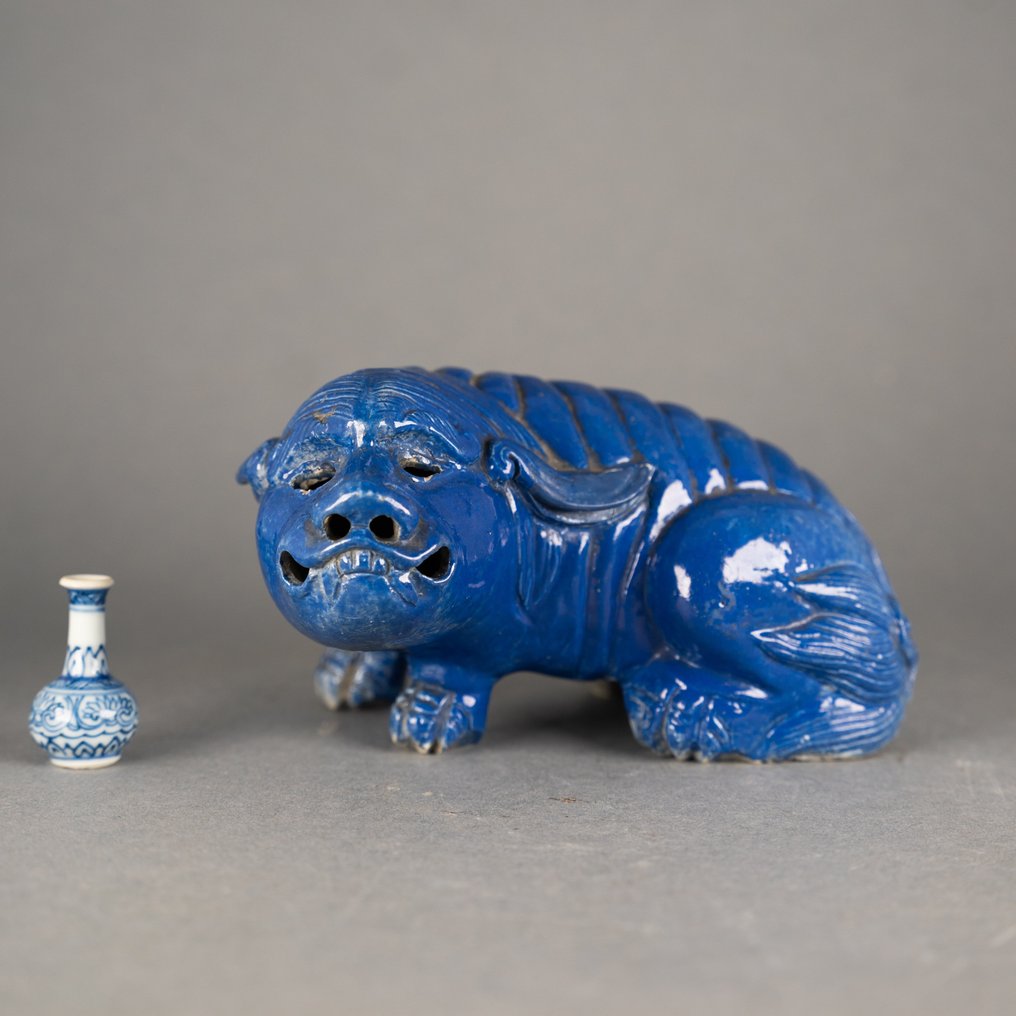 雕像 - 瓷 - Very rare - Amazing blue glazed Foo lion possibly a Nightlight - 中国 - Qing Dynasty (1644-1911) #1.1