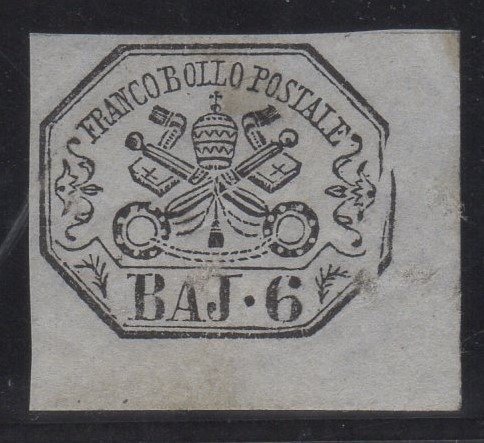 意大利古城邦-教皇国 1859/1859 - 1859年，Stemma Pontificio B 6，带有破损的右侧边框的各种刻印 - Sassone #1.0