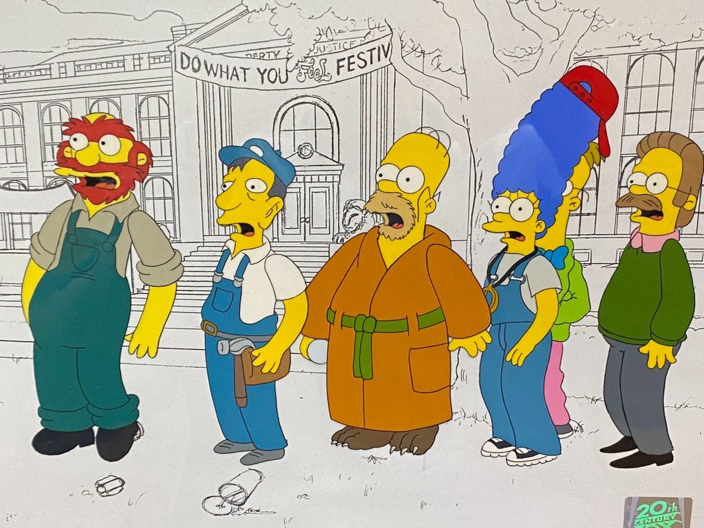 The Simpsons - Original animation cel of Homer, Marge, Ned, Willie, Dr.Frink and others, with copy background - 20th Century Fox seal (1990s) - EPIC ANIMATION ART #1.1