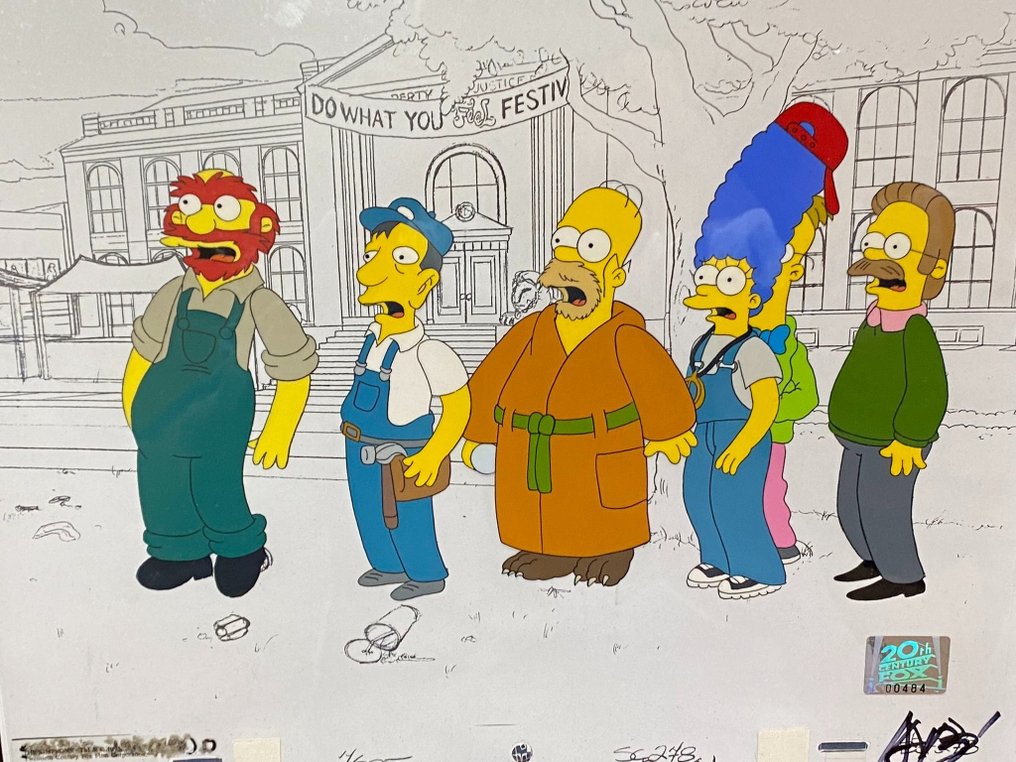 The Simpsons - Original animation cel of Homer, Marge, Ned, Willie, Dr.Frink and others, with copy background - 20th Century Fox seal (1990s) - EPIC ANIMATION ART #3.1