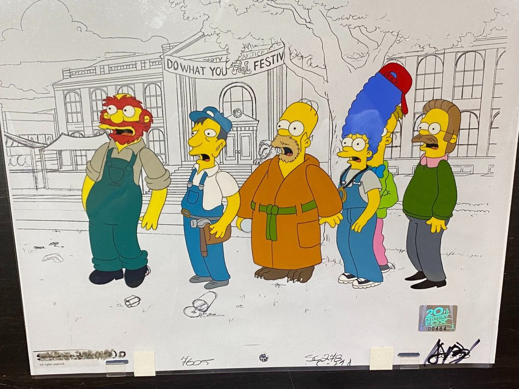 The Simpsons - Original animation cel of Homer, Marge, Ned, Willie, Dr.Frink and others, with copy background - 20th Century Fox seal (1990s) - EPIC ANIMATION ART #2.2