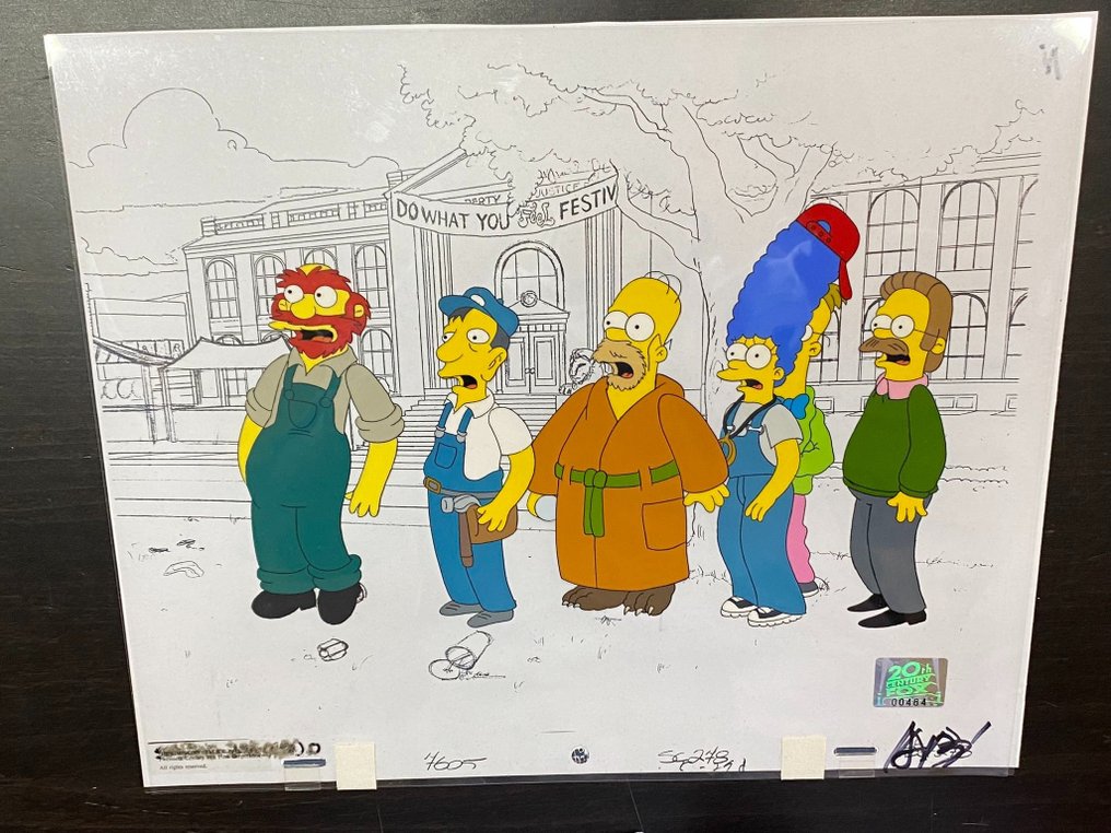 The Simpsons - Original animation cel of Homer, Marge, Ned, Willie, Dr.Frink and others, with copy background - 20th Century Fox seal (1990s) - EPIC ANIMATION ART #2.1