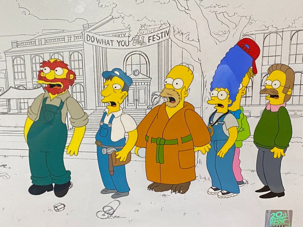 The Simpsons - Original animation cel of Homer, Marge, Ned, Willie, Dr.Frink and others, with copy background - 20th Century Fox seal (1990s) - EPIC ANIMATION ART #3.2
