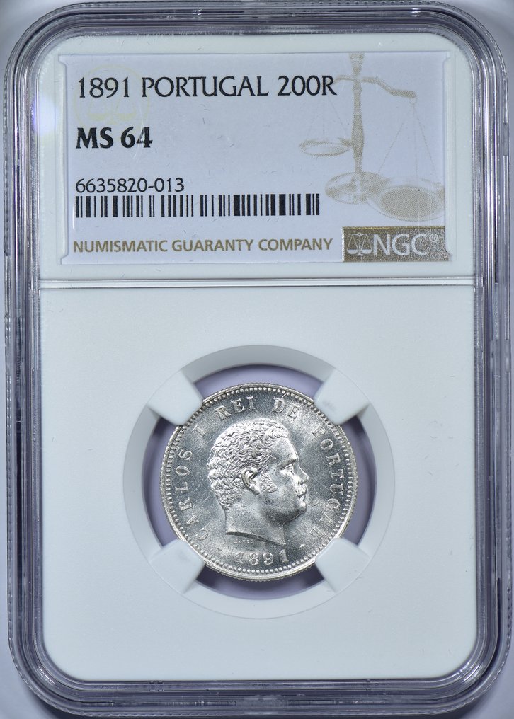 Portugal. D. Carlos I (1889-1908). 200 Reis 1891 - NGC - MS 64 - Free Shipping (Worldwide) #2.1