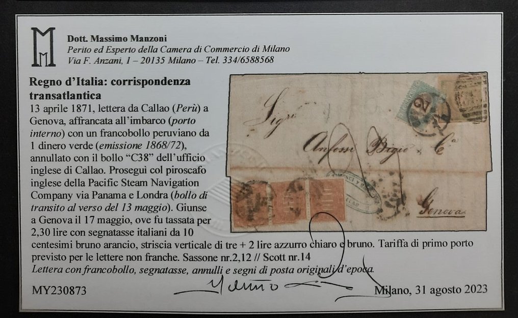 意大利王国  - 美丽且独特的封面由Callao（秘鲁）海运至Genova，抵达时征收2.30的税费。 - Sassone n. 2 e n. 12, Scott n. 14 #1.0