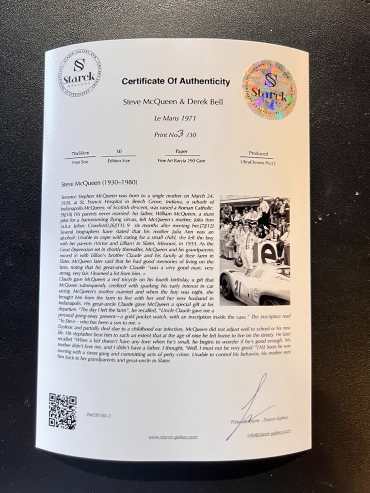 Le Mans 1971 - Steve McQueen & Derek Bell - Fine Art Photography - Luxury Wooden Framed 70X50 cm - Limited Edition Nr 04 of 30 - Serial ID - Original Certificate (COA), Hologram - 100% New. Shipping Reduction from 3 items #1.0