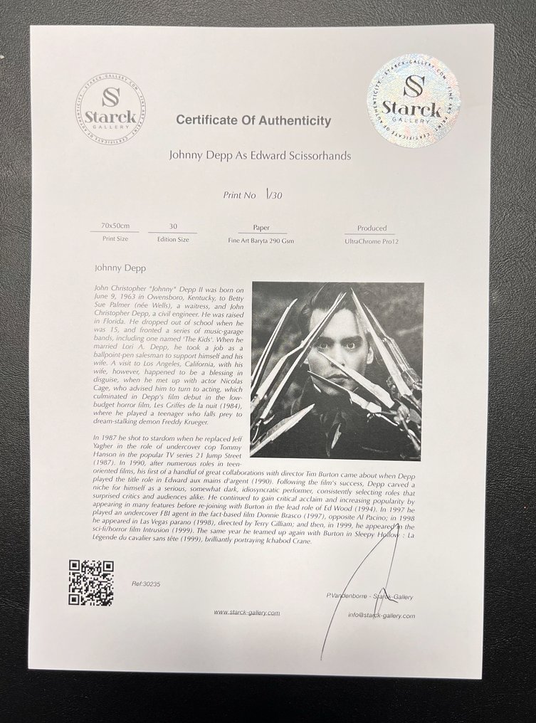 Johnny Depp As Edward Scissorhands - Fine Art Photography - Luxury Wooden Framed 50X50 cm - Limited Edition Nr 03 of 30 - Serial ID 30235 - Original Certificate (COA), Hologram - 100% New. Shipping Reduction from 3 items #1.0