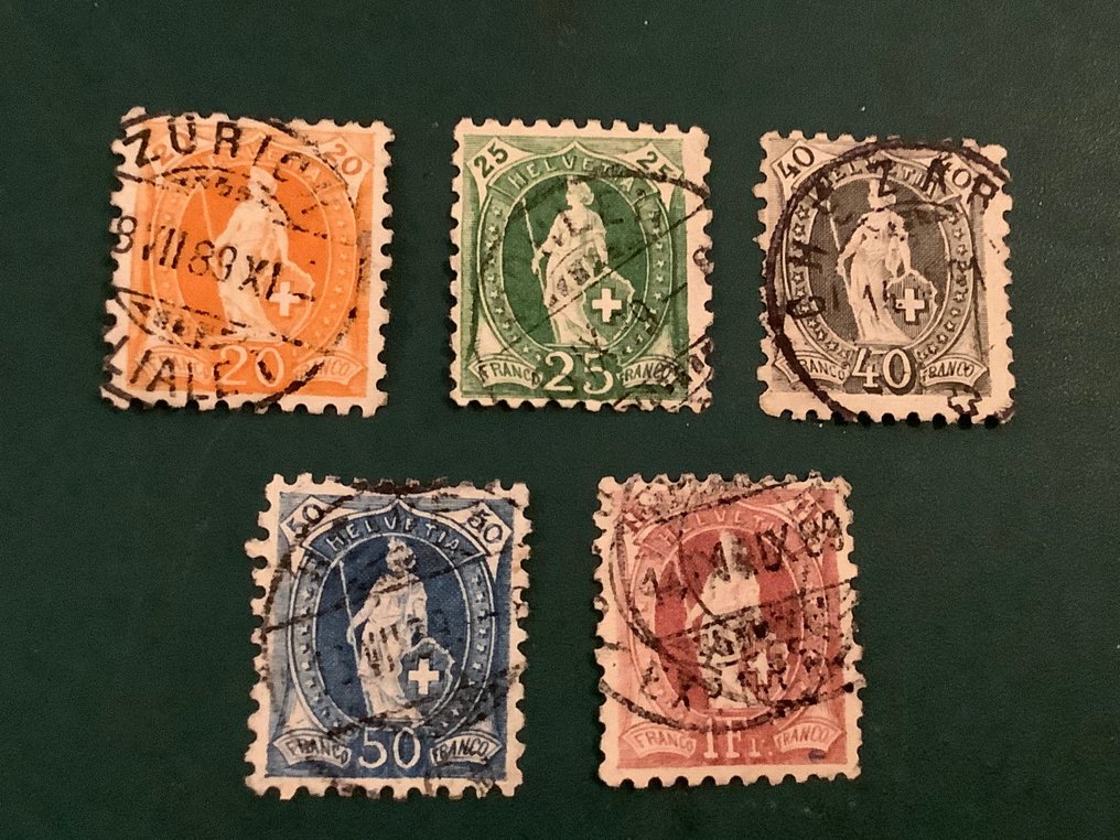Sveits 1888 - Stående Helvetia i perforering 9,75 x 9,25 - Zumstein 66B, 67B, 69B, 70B en 71B #3.1