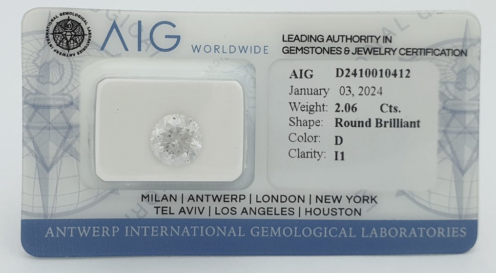 1 pcs Diamant  (Natürlich)  - 2.06 ct - D (farblos) - I1 - Antwerp International Gemological Laboratories (AIG Israel) #1.1