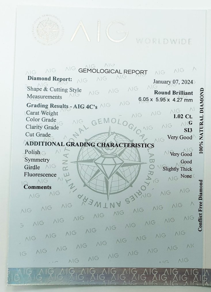 1 pcs Gyémánt  (Természetes)  - 1.02 ct - Kerek - G - SI3 - Antwerpeni Nemzetközi Gemmológiai Laboratóriumok (AIG Israel) #3.1