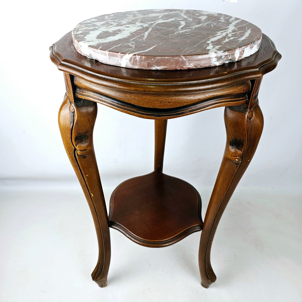 Elegant mahogany wooden table with marble top Approx. 1940 - Pedestal - Madeira, Mármore #1.1