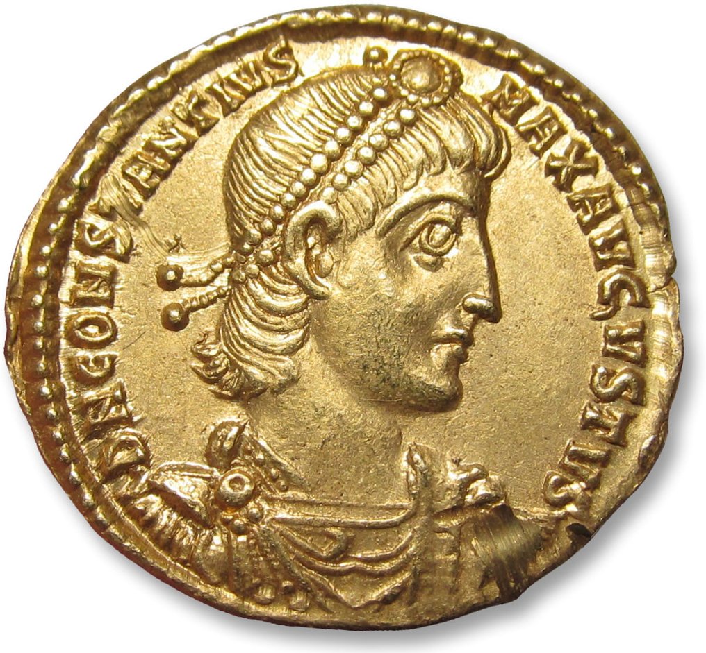 Imperio romano. Constancio II (337-361 e. c.). Solidus Thessalonica mint circa 355-360 A.D. - mintmark •TES• - #1.2