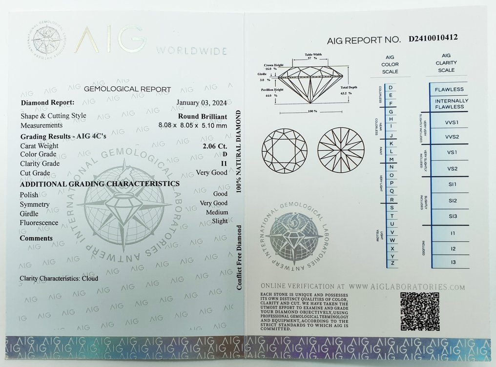 1 pcs Diamant  (Natürlich)  - 2.06 ct - D (farblos) - I1 - Antwerp International Gemological Laboratories (AIG Israel) #2.1