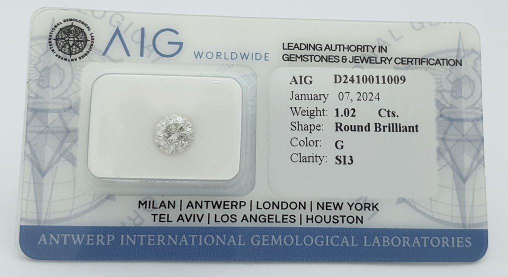 1 pcs Gyémánt  (Természetes)  - 1.02 ct - Kerek - G - SI3 - Antwerpeni Nemzetközi Gemmológiai Laboratóriumok (AIG Israel) #1.1