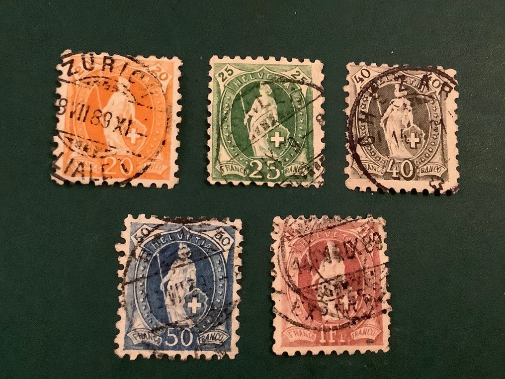 Sveits 1888 - Stående Helvetia i perforering 9,75 x 9,25 - Zumstein 66B, 67B, 69B, 70B en 71B #2.1