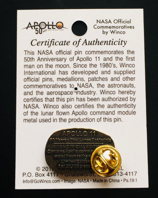 Apollo 11 - Official First Footprints NASA Lapel Pin - With Flown Metal That Went to the Moon - Limited Edition #4.3