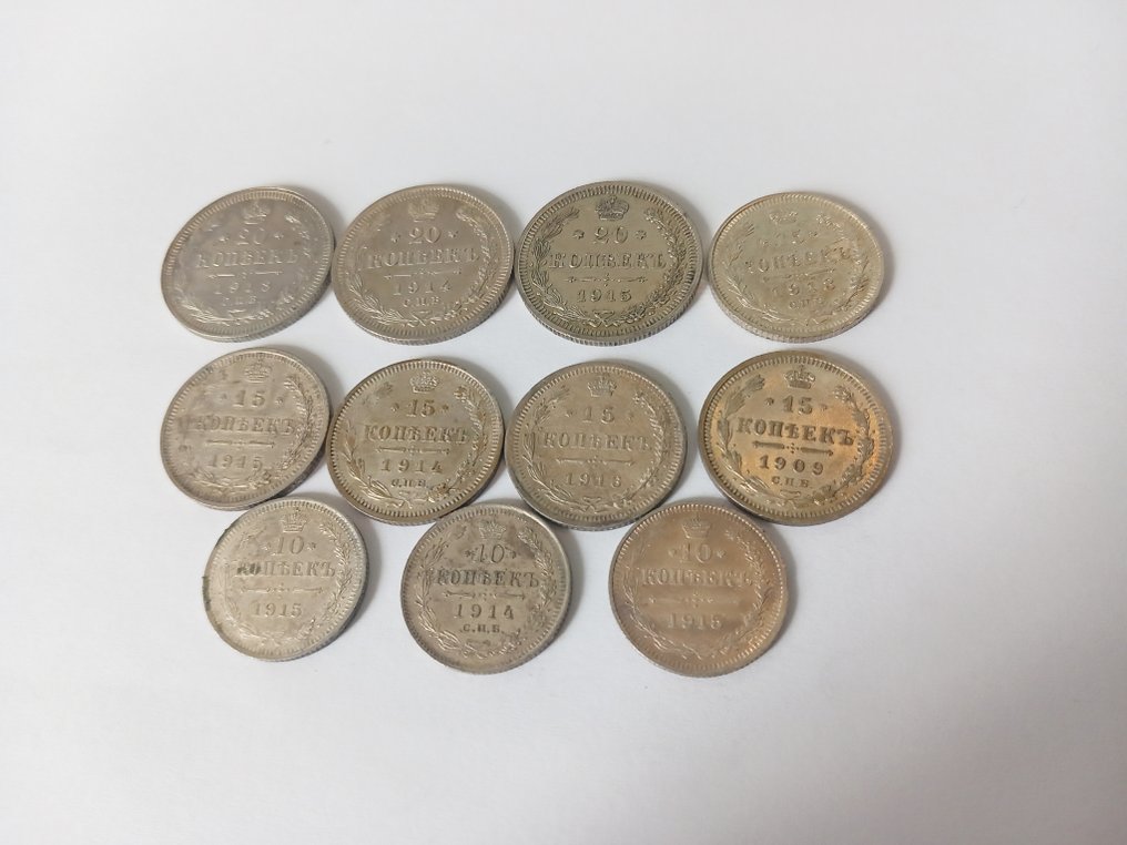 Ryssland. Kaiser Nikolaus II. (1894-1917). 11 Silbermünzen. (verschiedene) 1909-1916, Erhaltung  (Utan reservationspris) #2.1
