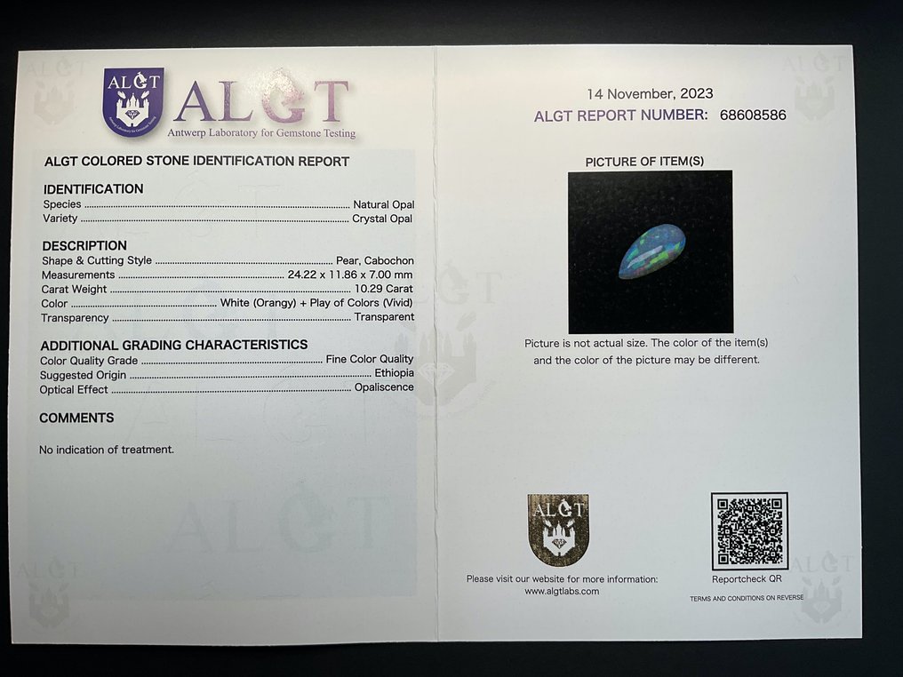 Opal  - 10.29 ct - Antwerp Laboratory for Gemstone Testing (ALGT) #3.2