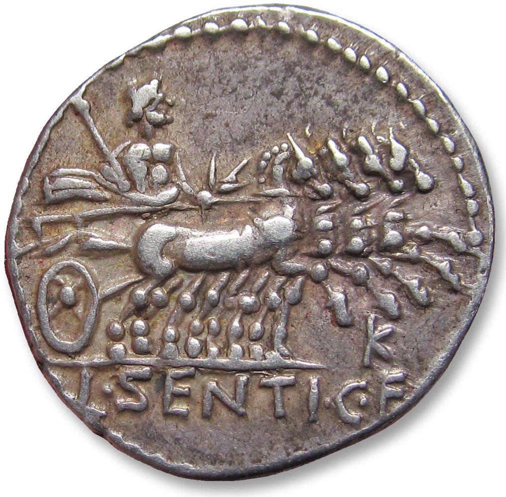 Roman Republic. L. Sentius C.f., 101 BC. Denarius Rome mint - control letter K on reverse - perfectly centered #1.2