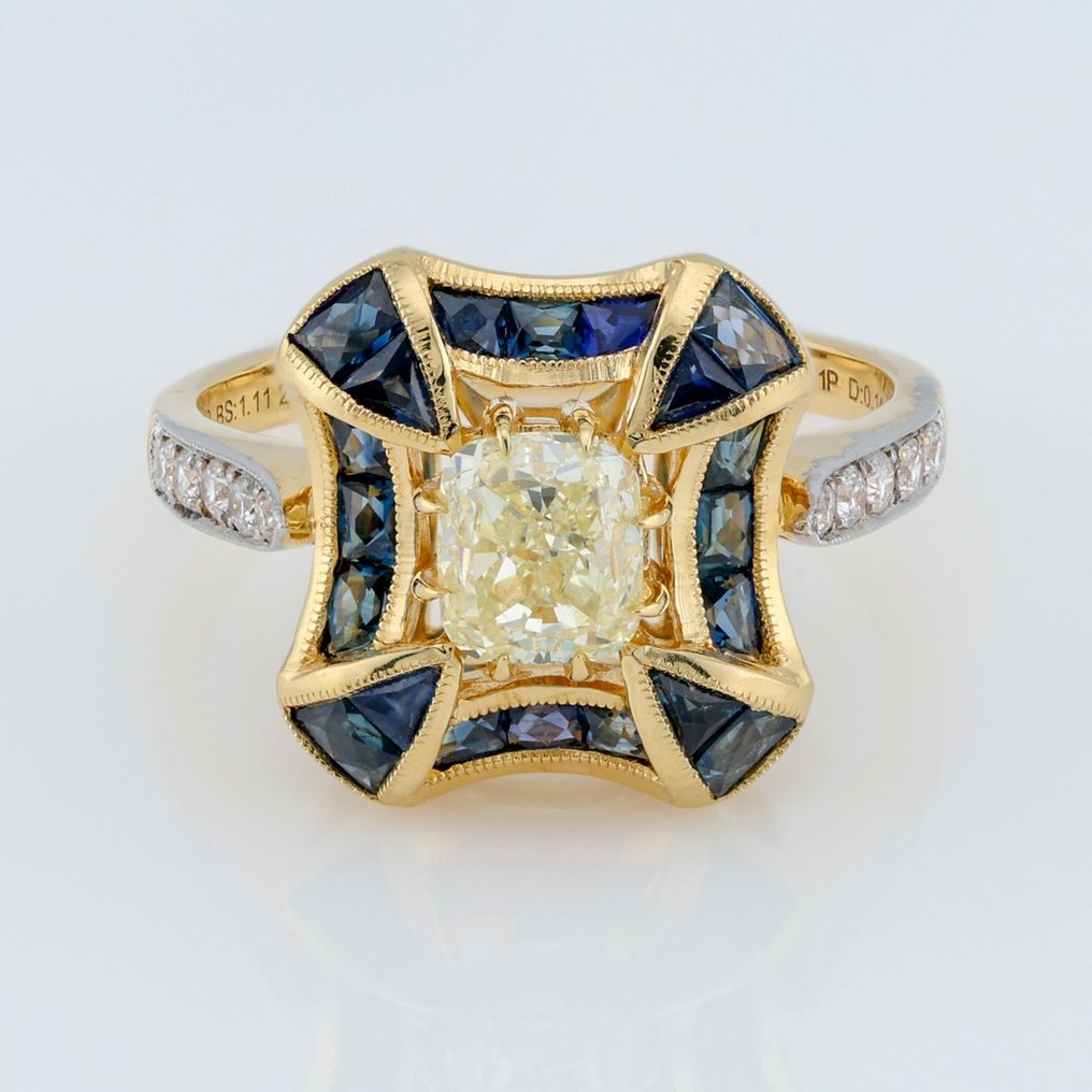 "IGI" - Yellow Diamond 1.01 Ct - French Carre Cut - Ring - 18 kraat Gulguld #1.1