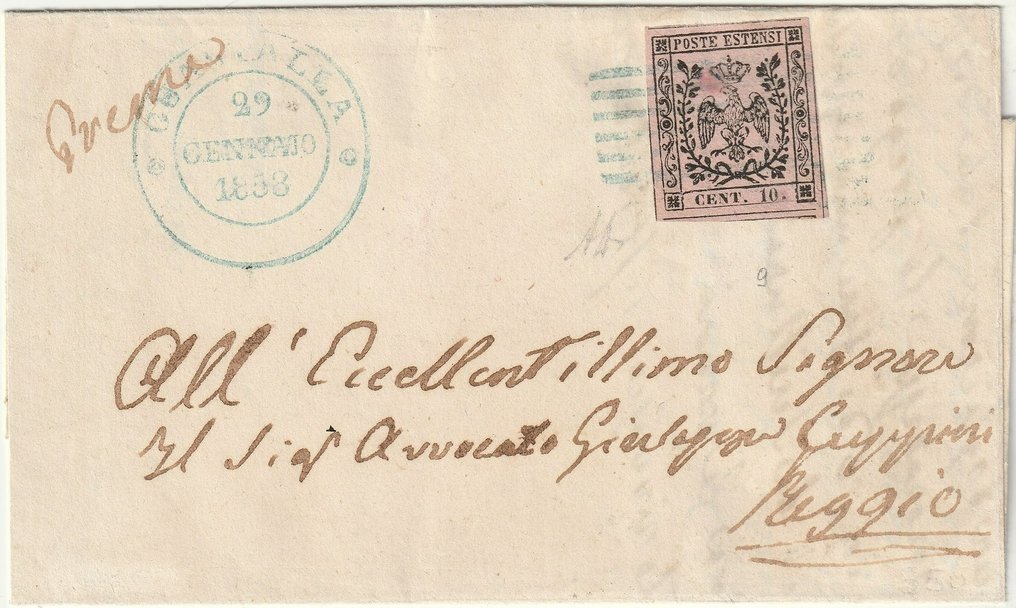 Italienische antike Staaten - Modena  - 1858 29. Januar 10 c. isoliert rosa Sass 9 gut gerandet auf frischem Brief von Guastalla x Reggio #1.1
