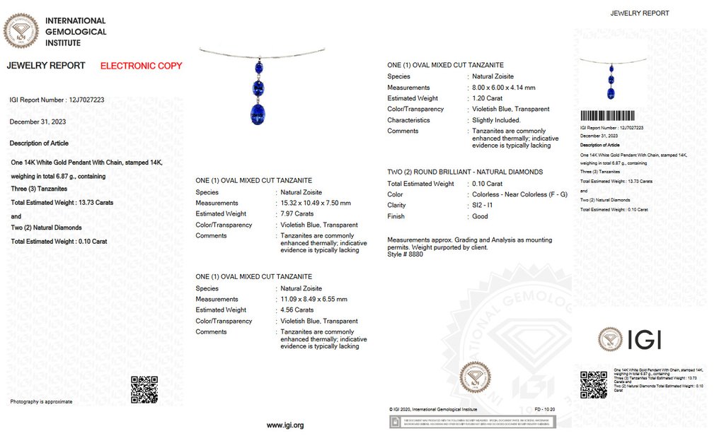 Halskæde med vedhæng Hvidguld -  13.83ct. tw. Tanzanit - Diamant #2.1