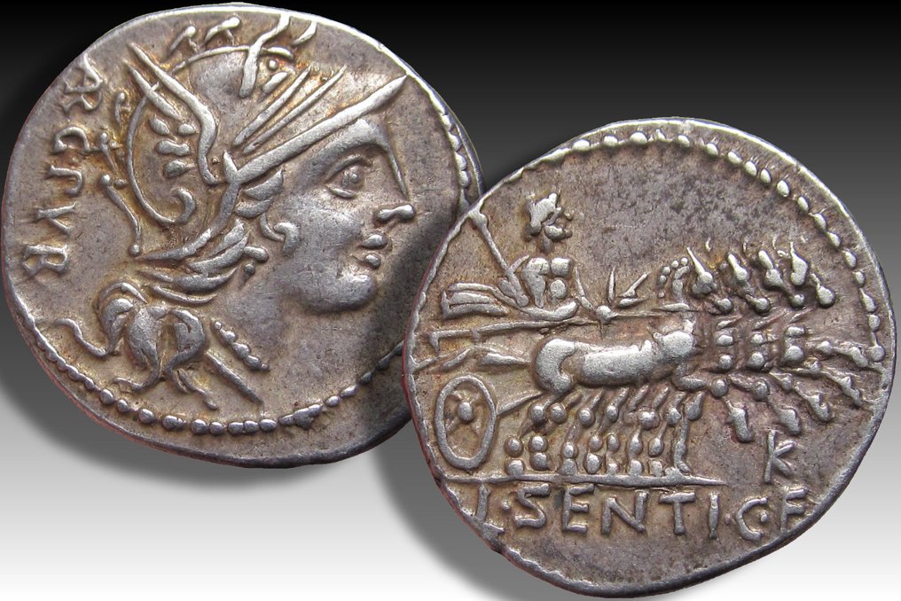 Roman Republic. L. Sentius C.f., 101 BC. Denarius Rome mint - control letter K on reverse - perfectly centered #2.1