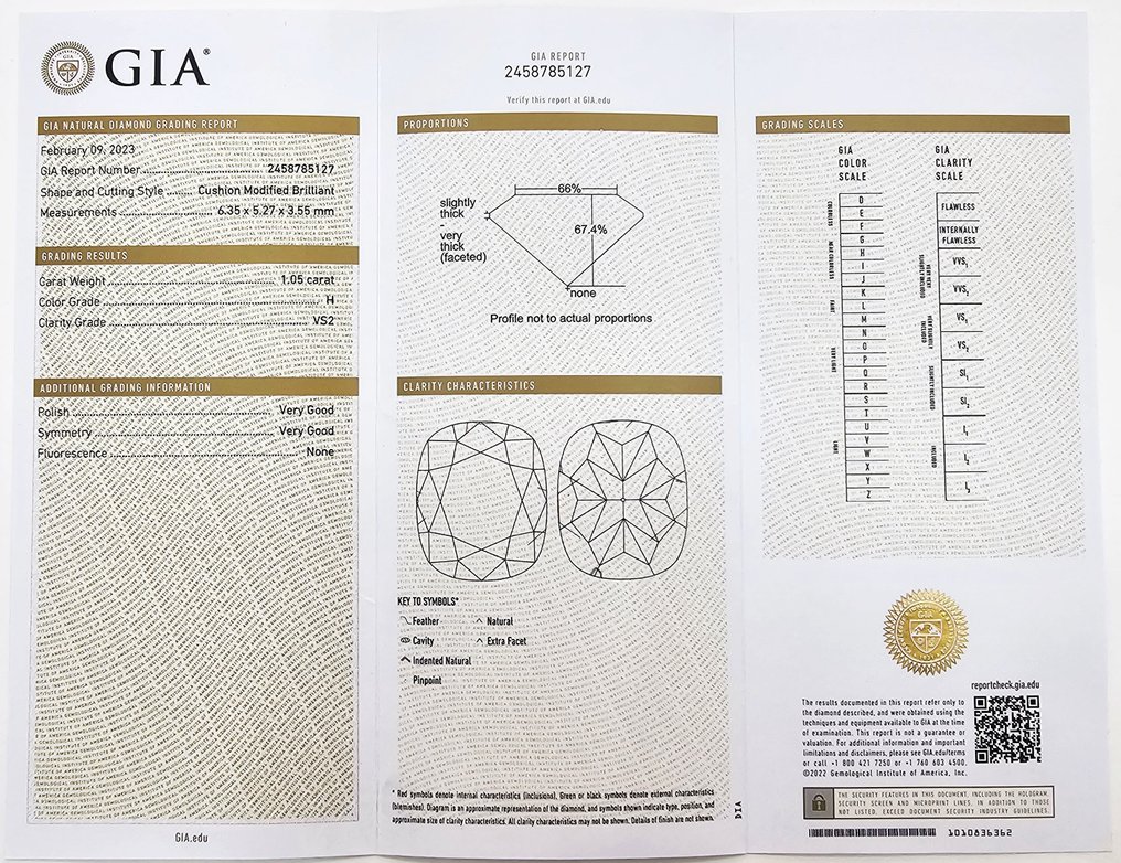 钻石 - 1.05 ct - 枕形, GIA 认证 - H - VS2 轻微内含二级 #2.1
