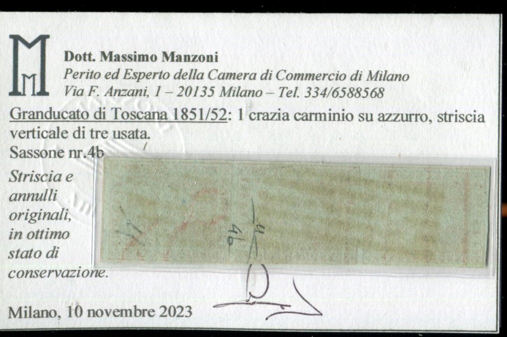Antigos Estados Italianos - Toscânia 1851 - 1 crazia 1ª tira de impressão de três exemplares. - Sassone 4b #1.3