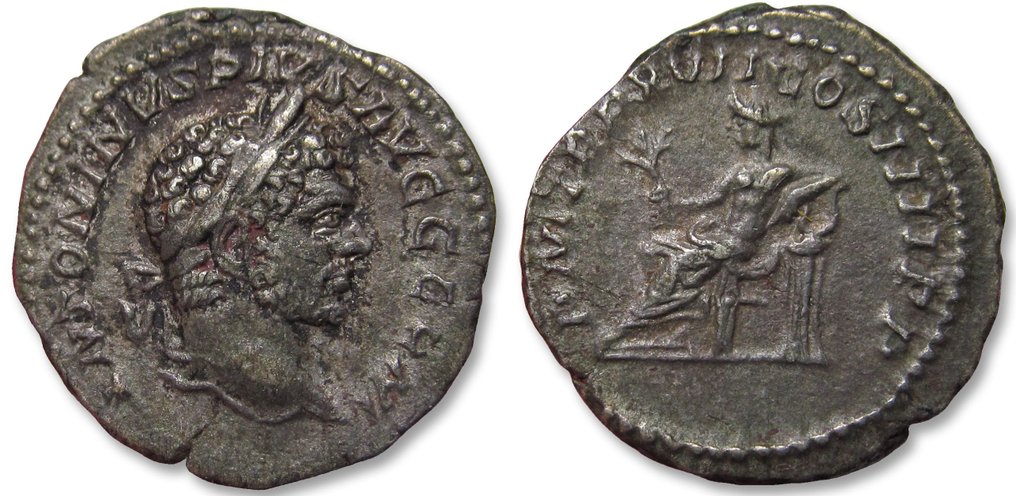 羅馬帝國. 卡拉卡拉 (AD 198-217). Denarius Rome mint 214 A.D. - Apollo seated left, leaning on lyre set on tripod - #2.1
