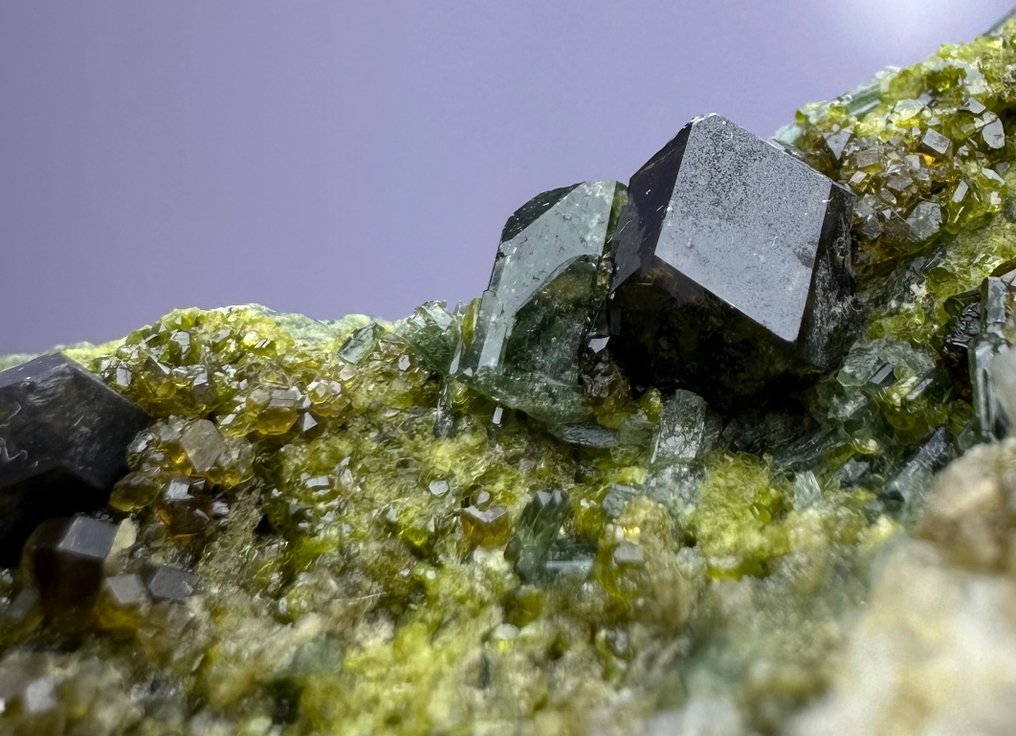 Glänzender Andradit-Granat, kombiniert mit Vesuvianit und Diopsid Kristalle auf Muttergestein - Höhe: 110 mm - Breite: 50 mm- 196 g - (1) #3.2
